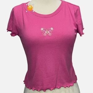 Vibrant Pink Butterfly Embroidered Crop Top